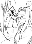  !? ... 2girls adjusting_glasses artist_name azusa azusa_(hws) dated fate/stay_night fate_(series) glasses long_hair monochrome multiple_girls opaque_glasses playing_games rider saber spoken_ellipsis 