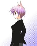  1girl animal_ears black_suit cat_ears formal nanakagi_satoshi open_mouth original purple_hair short_hair solo suit violet_eyes white_shirt 