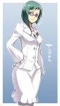  1girl asymmetrical_hair business_suit face flower formal glasses hand_on_hip jacket jewelry kyo_(kuroichigo) miniskirt my-otome necklace pantyhose pearl_necklace pencil_skirt rose skirt skirt_suit solo suit tomoe_marguerite white_suit 