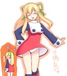  2girls blonde_hair blush boots breast_padding capcom closed_eyes dress hair_ribbon happy knee_boots multiple_girls panties pantyshot ponytail red_skirt ribbon rockman rockman_(classic) roll skirt takayaki underwear 