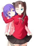  2girls fate/stay_night fate_(series) hand_on_another&#039;s_head hand_on_head matou_sakura multiple_girls one_eye_closed siblings sisters skirt skirt_hold skirt_lift thigh-highs tohsaka_rin turtleneck uni 
