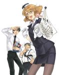  1girl 2boys ascot flag furudori_yayoi glasses gloves multiple_boys necktie pantyhose pencil_skirt skirt stewardess uniform white_flag 