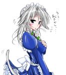  1girl animal_ears apron blue_eyes blush bow braid breasts dog_ears female frills grey_hair hair_ribbon inu_sakuya izayoi_sakuya large_breasts long_hair maid maid_apron maid_headdress ribbon silver_hair solo tail takaharu touhou white_background 