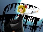  1girl blonde_hair darkness female hair_ribbon necktie open_mouth outdoors outstretched_arms red_eyes ribbon rumia short_hair sky solo spread_arms the_embodiment_of_scarlet_devil touhou youkai 