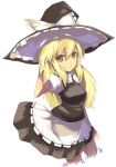  1girl alternate_hairstyle apron arm_behind_back blonde_hair bow female frills hat kirisame_marisa long_hair looking_at_viewer obscur ribbon sidelocks simple_background smile solo touhou witch_hat yellow_eyes 