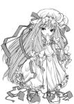  1girl bangs book bow crescent crescent_hair_ornament dress eyebrows eyebrows_visible_through_hair female finger_to_mouth flowergarden full_body hair_bow hair_ornament hat hat_ribbon long_hair long_sleeves mob_cap monochrome patchouli_knowledge ribbon shoes sidelocks simple_background smile solo standing touhou very_long_hair white_background 