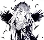  00s 1girl bangs bow breasts crazy_eyes feathered_wings feathers flower frills hairband headband light_smile lolita_hairband long_hair looking_at_viewer meimei monochrome open_mouth ribbon rozen_maiden simple_background smile solo suigintou white_background wings 