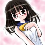  1girl black_eyes black_hair bow dutch_angle glasses long_hair lowres open_mouth pink_background red-framed_glasses ribbon short_hair solo 