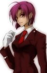  1girl bazett_fraga_mcremitz black_suit fate/hollow_ataraxia fate/stay_night fate_(series) formal gloves lowres necktie pant_suit purple_hair red_eyes red_necktie solo suit white_shirt 