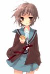  1girl cardigan food fruit highres holding holding_fruit itou_noiji lemon nagato_yuki school_uniform serafuku solo suzumiya_haruhi_no_yuuutsu 