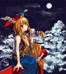  1girl arm_support bottle chains female fingernails hair_ribbon horns ibuki_suika long_hair looking_afar looking_up low-tied_long_hair moon night orange_eyes orange_hair outdoors red_eyes ribbon shimadoriru sitting solo tied_hair torii touhou tree very_long_hair 