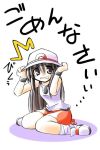  /\/\/\ 00s 1girl blue_(pokemon) brown_eyes brown_hair female hat long_hair pokemon pokemon_(game) pokemon_frlg porkpie_hat rascal sad scared simple_background sitting socks solo tears translated wariza white_background 