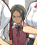  3girls anger_vein angry breast_envy breasts brown_eyes brown_hair frown holding_arm lowres multiple_girls necktie original yizumi 