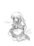  1girl aozora_market apron bow buttons dress female frown kirisame_marisa kneeling long_hair lowres monochrome pain simple_background sitting solo touhou wince wink 
