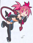  1girl :p bat_wings black_gloves black_legwear blush_stickers boots bracelet breasts choker cleavage collar demon_girl demon_tail disgaea earrings elbow_gloves etna female flat_chest full_body gloves jewelry looking_at_viewer makai_senki_disgaea miniskirt necklace pink_eyes pink_hair red_eyes redhead running simple_background skirt solo tail thigh-highs tongue tongue_out twintails white_background wings zettai_ryouiki 