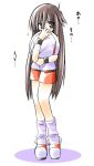 00s 1girl blue_(pokemon) blush brown_eyes brown_hair embarrassed footwear hat hiding holding holding_hat long_hair moe pokemon pokemon_(game) pokemon_frlg rascal scared shorts shy simple_background socks solo standing translated white_background 