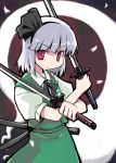  1girl bow dual_wielding female hairband headband hitodama katana konpaku_youmu konpaku_youmu_(ghost) necktie red_eyes ribbon short_hair silver_hair solo sword tanto touhou weapon yamai 