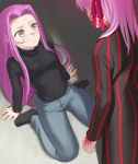  2girls dark_matou_sakura dark_persona dark_sakura denim emiya-san_chi_no_kyou_no_gohan fate/stay_night fate_(series) glasses heaven&#039;s_feel jeans leaning_back long_hair matou_sakura medusa_(fate)_(all) multiple_girls pants purple_hair rider sitting sweat type-moon uni wariza you_gonna_get_raped 