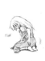  1girl aozora_market female kirisame_marisa kneeling long_hair lowres monochrome simple_background solo touhou 