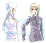  2girls azuma_shouko black_necktie black_suit blonde_hair fate/stay_night fate/zero fate_(series) formal gradient gradient_background irisviel_von_einzbern lowres multiple_girls pant_suit saber suit white_hair white_jacket 