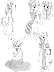  1girl alternate_costume barefoot bespectacled blush bonnet book casual character_sheet chibi crescent female glasses long_hair monochrome moon necktie nightgown patchouli_knowledge pillow ribbon sidelocks simple_background sitting touhou walking 