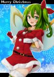  1girl :d black_belt blue_background bow capelet christmas cowboy_shot daiyousei english fairy_wings fur-trimmed_capelet fur-trimmed_gloves fur-trimmed_legwear gloves green_hair hair_bow hood hood_down looking_at_viewer merry_christmas open_mouth pom_pom_(clothes) red_bow red_gloves red_shirt red_skirt santa_costume shirt side_ponytail skirt smile snowflake_background snowflakes solo sparkle striped striped_bow striped_legwear tenneko_yuuri thigh-highs touhou wings zettai_ryouiki 