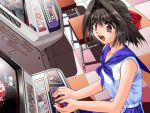  1girl 90s :o arcade arcade_cabinet bangs bare_shoulders black_hair blue_skirt bow breasts brown_eyes brown_hair checkered checkered_floor collarbone controller english enomoto_tsukasa eyebrows eyebrows_visible_through_hair from_above from_side game_cg hair_between_eyes hair_bow hair_intakes hair_ribbon indoors joystick mitsumi_misato nakoruru neckerchief pia_carrot_(series) pia_carrot_e_youkoso!! pia_carrot_e_youkoso!!_2 playing_games pleated_skirt raised_eyebrows red_bow ribbon samurai_spirits school_uniform serafuku shirt short_hair sitting skirt sleeveless sleeveless_shirt small_breasts solo stool surprised tile_floor tiles upper_body video_game white_shirt wide-eyed 