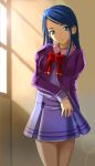  1girl blue_eyes blue_hair c-wing lens_flare minazuki_karen precure purple_skirt ribbon school_uniform serafuku skirt smile solo yes!_precure_5 