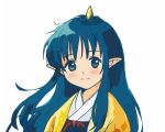  1girl blue_hair blush horn horns momotarou_densetsu pointy_ears simple_background solo yasha 