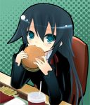  1girl black_hair blue_eyes blue_hair blush chair drink eating food french_fries green_eyes green_hair hamburger long_hair machiya_matia polka_dot polyphonica:the_black ribbon saya saya_no_uta shinkyoku_soukai_polyphonica sitting solo straw table yukizuki_chikuba 