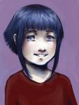  1girl artist_request bangs blue_eyes blue_hair blunt_bangs female grin hyuuga_hinata looking_at_viewer naruto no_pupils portrait purple_background red_shirt shirt short_hair short_hair_with_long_locks simple_background smile solo 