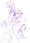  2girls animal_ears cat_ears cat_tail chen closed_eyes female fox_ears fox_tail hat hug hug_from_behind long_sleeves monochrome multiple_girls multiple_tails nasubi no_hat purple short_hair sketch surcoat tabard tail touhou white_background yakumo_ran 