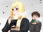  1boy 1girl breath coat eating food gradient gradient_background jinroku original scarf taiyaki wagashi 