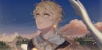  1boy aether_(genshin_impact) ahoge bangs blonde_hair braid clouds evening genshin_impact hair_between_eyes jewelry k_young03 long_hair male_focus outdoors parted_lips scarf single_braid single_earring sky solo upper_body white_scarf yellow_eyes 