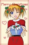 00s 1girl apricot_sakuraba box broccoli_(company) christmas galaxy_angel galaxy_angel_rune gift gift_box holly incoming_gift one_eye_closed santa_costume solo tsubame_(kouunboshi) twintails wink 