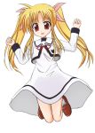  1girl :d ahoge arms_up bare_legs blonde_hair blush bow brown_shoes fate_testarossa hair_ribbon jumping loafers long_hair long_sleeves looking_at_viewer lyrical_nanoha mahou_shoujo_lyrical_nanoha mahou_shoujo_lyrical_nanoha_a&#039;s mugityax open_mouth red_eyes red_ribbon ribbon school_uniform shoes sidelocks simple_background smile solo twintails white_background 