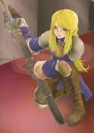  1girl agrias_oaks armor blonde_hair boots final_fantasy final_fantasy_tactics glasses long_hair mochiya solo sword weapon yellow_eyes 