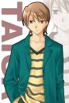  1boy artist_request blush brown_eyes brown_hair collarbone fate/stay_night fate_(series) fujimura_taiga genderswap genderswap_(ftm) green_jacket jacket long_sleeves looking_at_viewer male male_focus open_clothes open_jacket shirt simple_background smile solo striped striped_shirt t-shirt white_background zoom_layer 