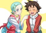  1boy 1girl :d ^_^ ^o^ apron brown_hair closed_eyes couple cowboy_shot dress eureka eureka_seven eureka_seven_(series) feeding green_hair hair_ornament isse jacket long_sleeves open_mouth raglan_sleeves renton_thurston short_hair smile standing track_jacket turtleneck two-tone_background upper_body violet_eyes white_dress 