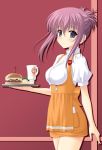  00s 1girl anna_miller apron chikage_(sister_princess) cup food french_fries hamburger high-waist_skirt masakichi_(crossroad) mug orange_skirt purple_hair short_hair sister_princess skirt solo tray violet_eyes waitress 