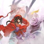  1girl baphomet baphomet_(ragnarok_online) blurry braid brown_hair cowboy_shot depth_of_field dress dust horns jiangshi long_hair long_sleeves looking_at_viewer lowres monster morii_shizuki munak ragnarok_online red_dress simple_background single_braid upper_body white_background 