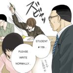  /\/\/\ 1girl 3boys black_hair brown_hair death_note english glasses hair_over_eyes hard_translated lowres multiple_boys necktie no_eyes parody pencil short_hair sitting student sweatdrop text translated writing yagami_light 