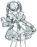  1girl apron from_behind green maid maid_apron monochrome nekomata_naomi original sketch skirt solo thigh-highs twintails zettai_ryouiki 