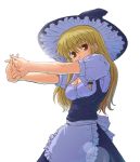  1girl blonde_hair female from_below hands haniwa hat interlocked_fingers kirisame_marisa solo stretch touhou tsuyadashi_shuuji witch witch_hat 