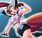  1girl animal_ears breasts brown_hair carrot densha_otoko dragon_(artist) getsumento_heiki_miina gloves jpeg_artifacts midriff miniskirt oekaki pencil_skirt rabbit_ears red_eyes salute short_hair skirt small_breasts solo tsukishiro_mina 