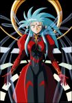  1girl 90s absurdres blue_hair facial_mark forehead_mark highres incredibly_absurdres light_hawk_wings ryouko_(tenchi_muyou!) solo spiky_hair tenchi_muyou! vector_trace wings yellow_eyes 