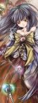  1girl bare_shoulders black_hair blue_hair bow breasts brown_eyes chaotic-unknown cleavage dress embellished_costume female frills gem hime_cut houraisan_kaguya long_hair long_image looking_at_viewer ribbon solo tall_image touhou yellow_eyes 