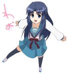  1girl :d asakura_ryouko black_legwear blue_eyes blue_hair blue_skirt bow footwear from_above half_updo long_hair long_sleeves looking_at_viewer looking_up neck_ribbon open_mouth outstretched_arms ribbon school_uniform serafuku shoes simple_background skirt smile socks solo spread_arms suzumiya_haruhi_no_yuuutsu thigh-highs uwabaki white_background 