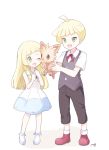  1boy 1girl black_pants black_vest blonde_hair braid brother_and_sister dress gladio_(pokemon) green_eyes lillie_(pokemon) lillipup long_hair mei_(maysroom) one_eye_closed open_mouth pants pokemon pokemon_(anime) pokemon_(creature) pokemon_sm_(anime) short_hair siblings simple_background sleeveless sleeveless_dress twin_braids vest white_background white_dress younger 