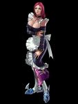  1girl apron black_background breasts choker chronicles_of_the_sword cleavage closed_mouth detached_sleeves extra full_body hand_on_leg kawano_takuji large_breasts maid maid_apron official_art pose redhead simple_background solo soul_calibur soulcalibur_iii standing valeria weapon 